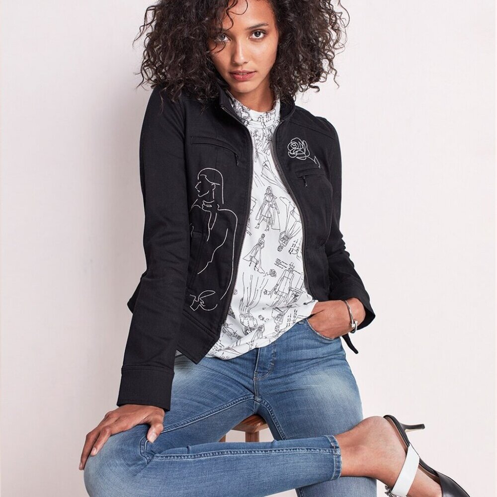WHBM $150 35th Anniversary Embroidered Moto Jacket Denim Cotton 14 Black White